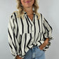 Black Stripe Crinckled Ruffled Sleeve Button up Loose Shirt