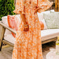 Orange Floral Print Smocked V Neck Wide Sleeve Maxi Dress