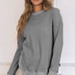 Gray Crew Neck Ribbed Trim Waffle Knit Top