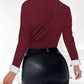 Asymmetrical Neck Long Sleeve Fleece Lined Ribbed Top Button Front Slim Fit Tee