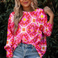 Strawberry Pink Geometric Print Shirred Cuff 3/4 Sleeve Loose Blouse