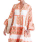 Orange Geometric Print Ruffle Tiered Button V Neck Dress