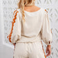 White Colorblock Ric Rac Trim Sleeve Top and Wide Leg Pants Set