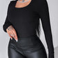 U Neck Built in Bra Long Sleeve Ribbed Top