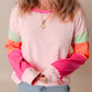 Pink Colorblock Patchwork Long Sleeve Loose Top