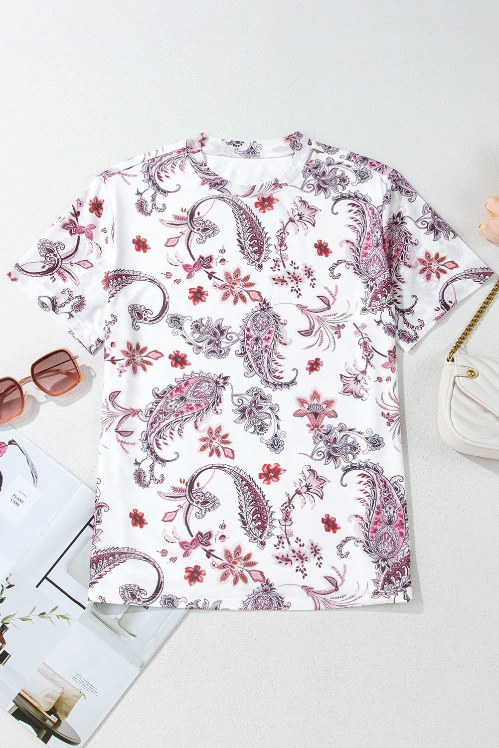 White Vintage Paisley Mock Neck T Shirt