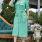 Turn down Collar Puff Sleeve Button Front Midi Dress Casual Pocket Design A Line Dress with Belt