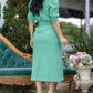 Turn down Collar Puff Sleeve Button Front Midi Dress Casual Pocket Design A Line Dress with Belt