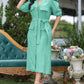 Turn down Collar Puff Sleeve Button Front Midi Dress Casual Pocket Design A Line Dress with Belt