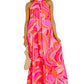 Rose Abstract Printed High Neck Knotted Nape Sleeveless Maxi Dress