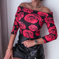 Floral Print Off Shoulder Long Sleeve Shirt Casual Slim Fit Blouse Top