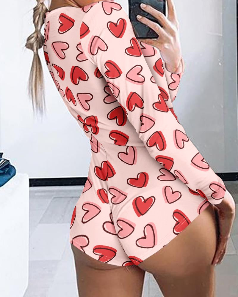 Valentine's Day Heart Pattern Button Front Long Sleeve Rompers Onesie Pajamas