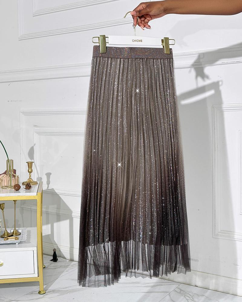 Ombre Sheer Mesh Patch A Line Pleated Glitter Skirt