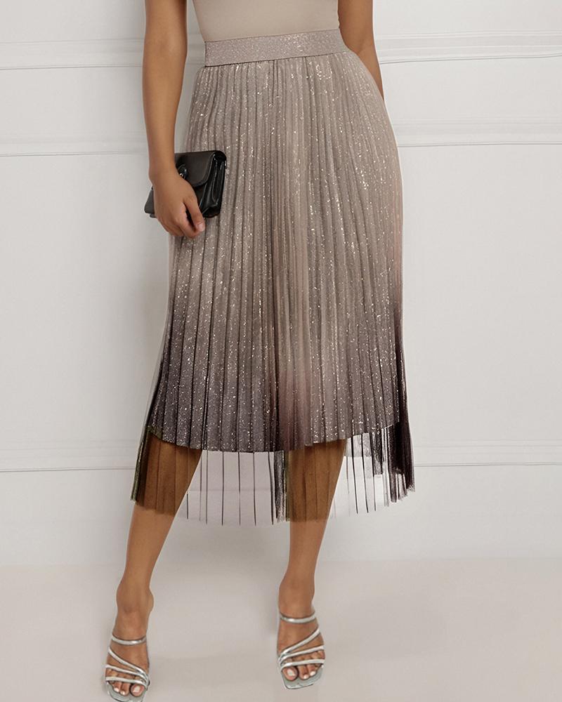 Ombre Sheer Mesh Patch A Line Pleated Glitter Skirt