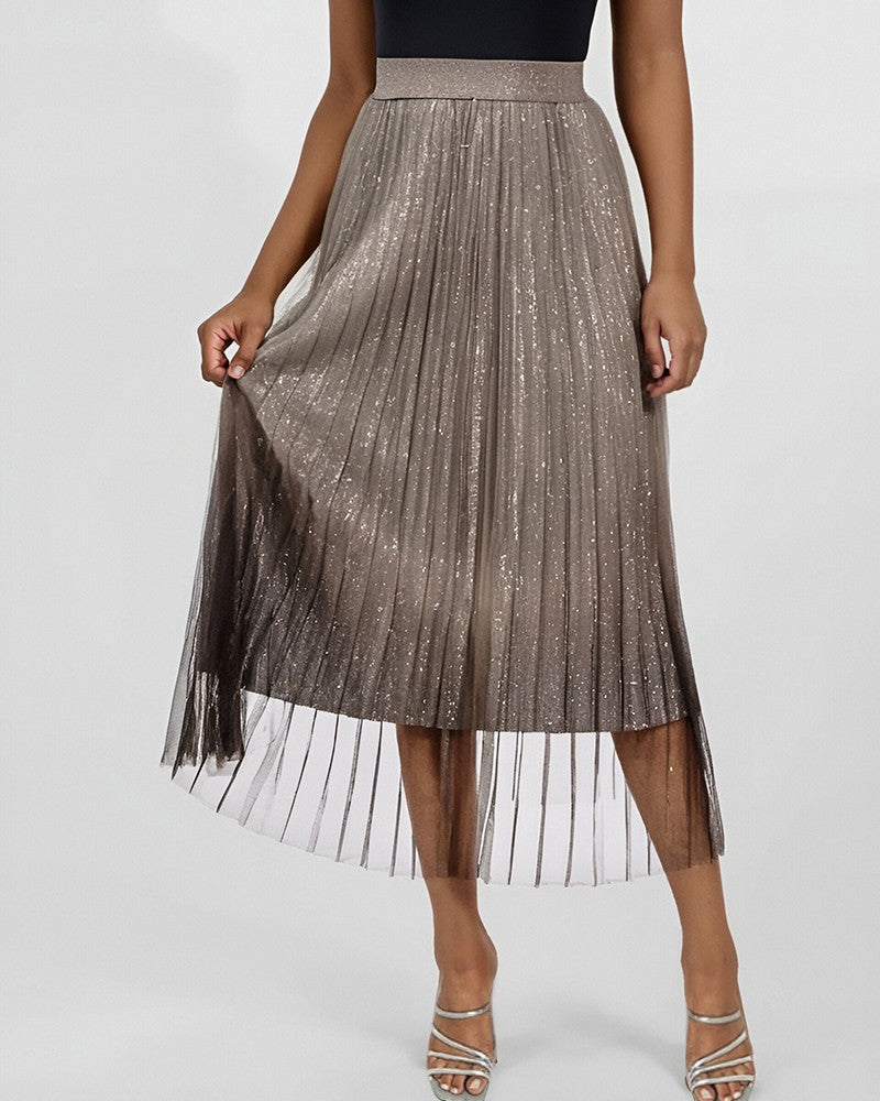 Ombre Sheer Mesh Patch A Line Pleated Glitter Skirt