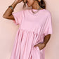 Light Pink Solid Color Pocketed Raw Edge Babydoll Dress