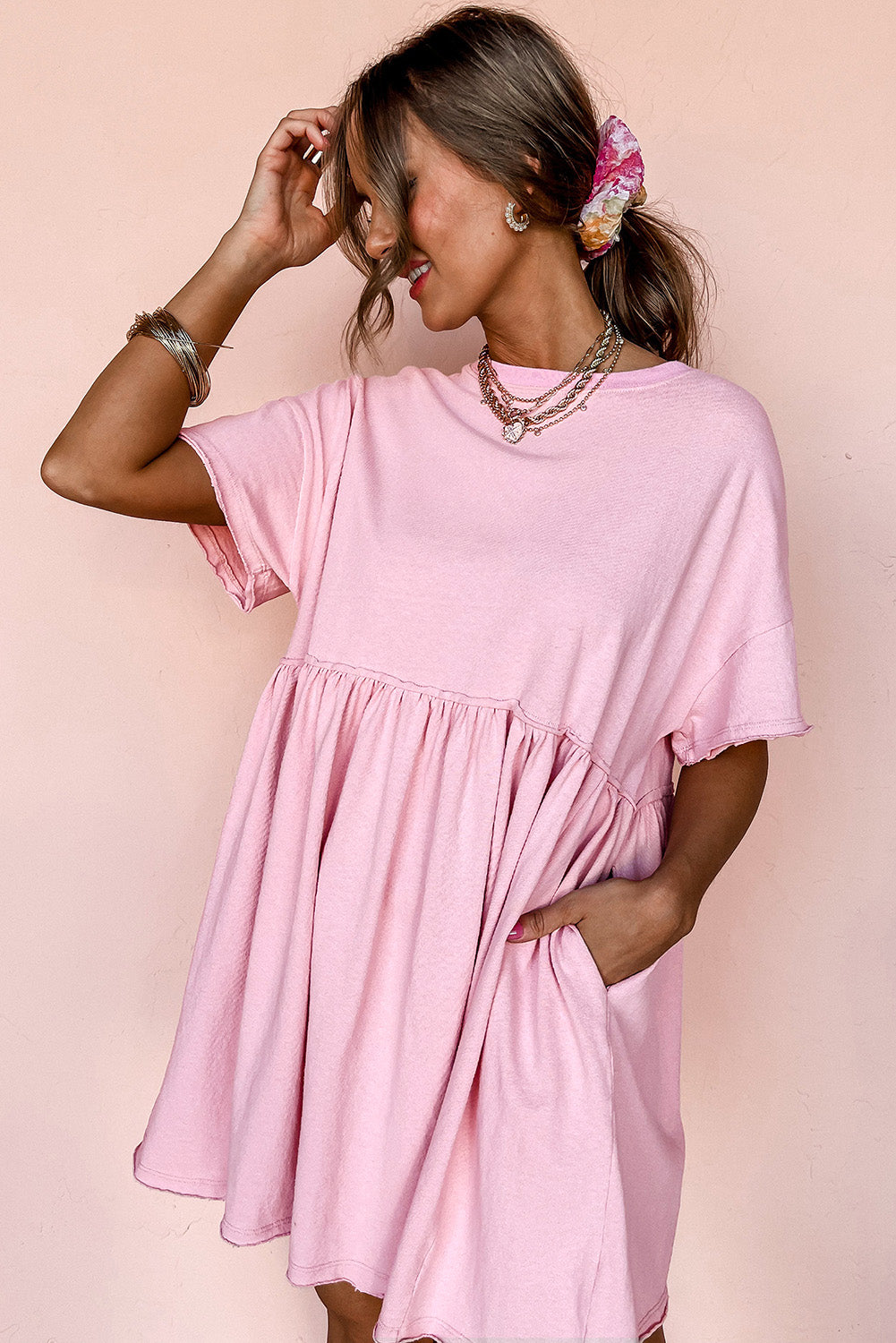 Light Pink Solid Color Pocketed Raw Edge Babydoll Dress