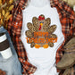 White Happy Turkey Day Leopard Print Crew Neck Loose T Shirt