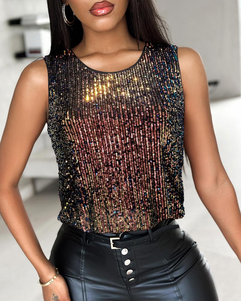 Allover Sequin Round Neck Tank Top