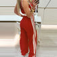 Striped Sleeveless Tied Detail Jumpsuits Spaghetti Strap Casual Wide Leg Rompers