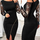 Floral Pattern Contrast Sequin Cold Shoulder Bodycon Dress Zip Up Sheer Mesh Patch Midi Dress