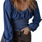 Dark Blue Smocked Ruffled Puff Sleeve V Neck Denim Blouse