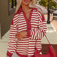 Red Stripe Buttoned V Neck Collared Drop Shoulder Top