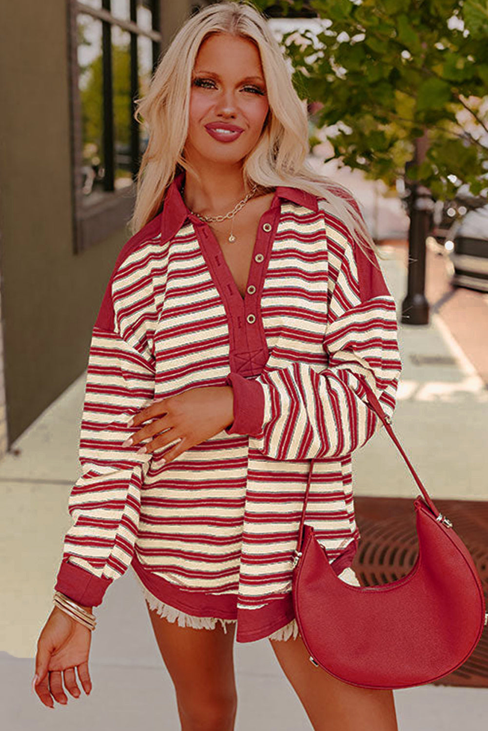 Red Stripe Buttoned V Neck Collared Drop Shoulder Top