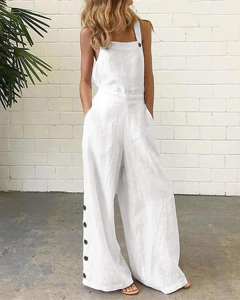 Buttoned Pocket Design Wide Leg Suspender Jumpsuit