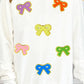 White Chenille Bowknot Patched Graphic Crewneck Sweatshirt