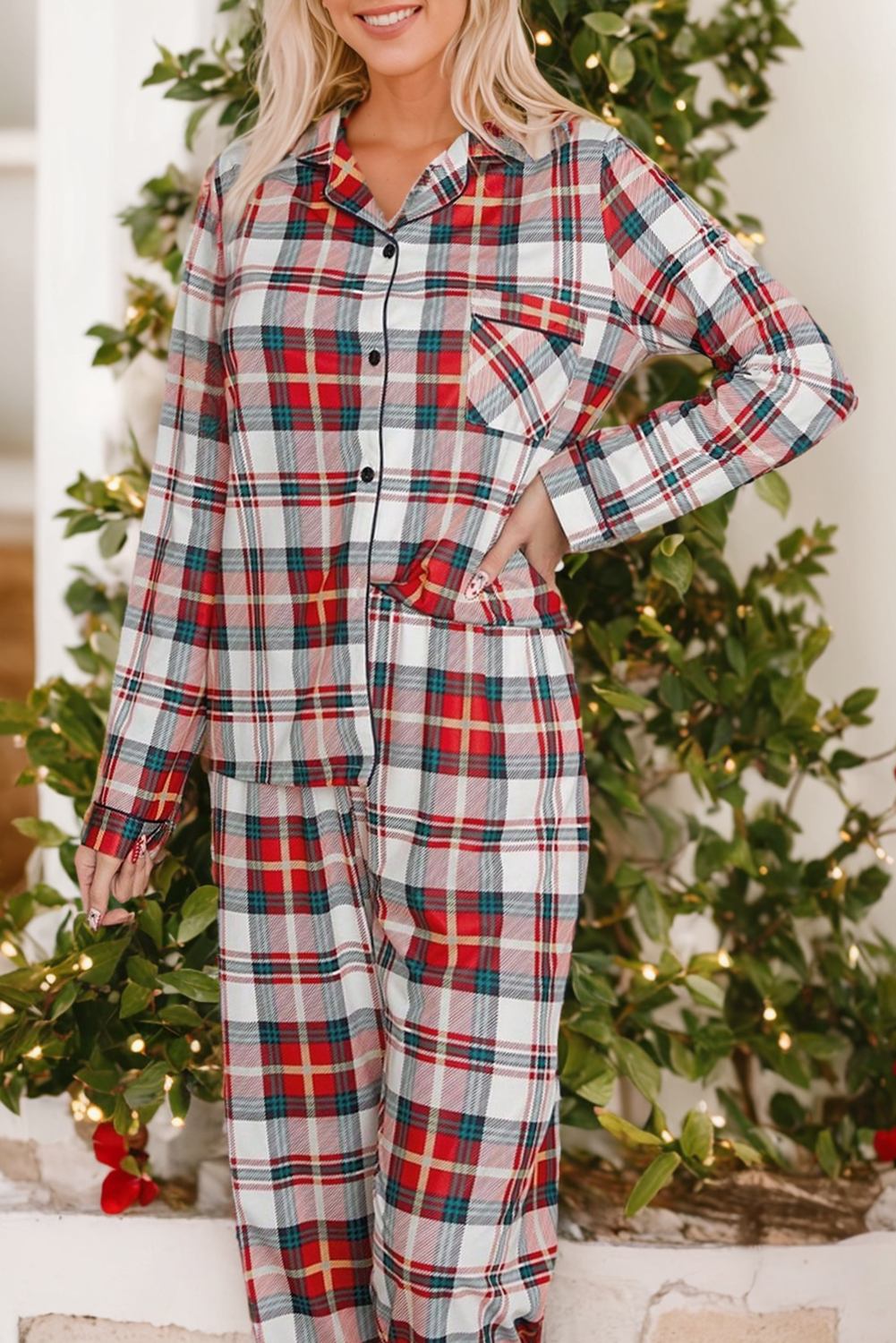 Red Christmas Plaid Print Two Piece Long Sleeve Pajamas Set