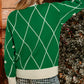 Dark Green Diamond Pattern Pom Accents Contrast Trim High Neck Sweater