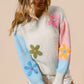 Multicolour Floral Embroidered Colorblock Fuzzy Drop Shoulder Sweater