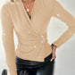 Rhinestone V Neck Skinny Sweater Front Buckle Ruched Casual Top