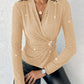 Rhinestone V Neck Skinny Sweater Front Buckle Ruched Casual Top