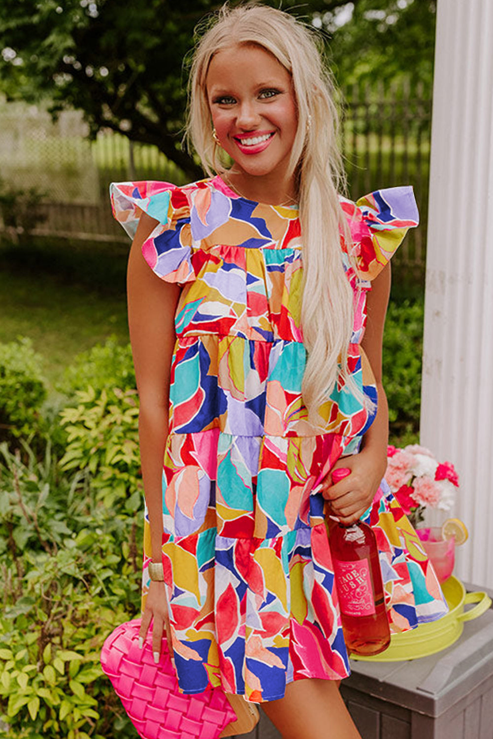 Pink Abstract Printed Ruffled Flutter Sleeve Tiered Mini Dress