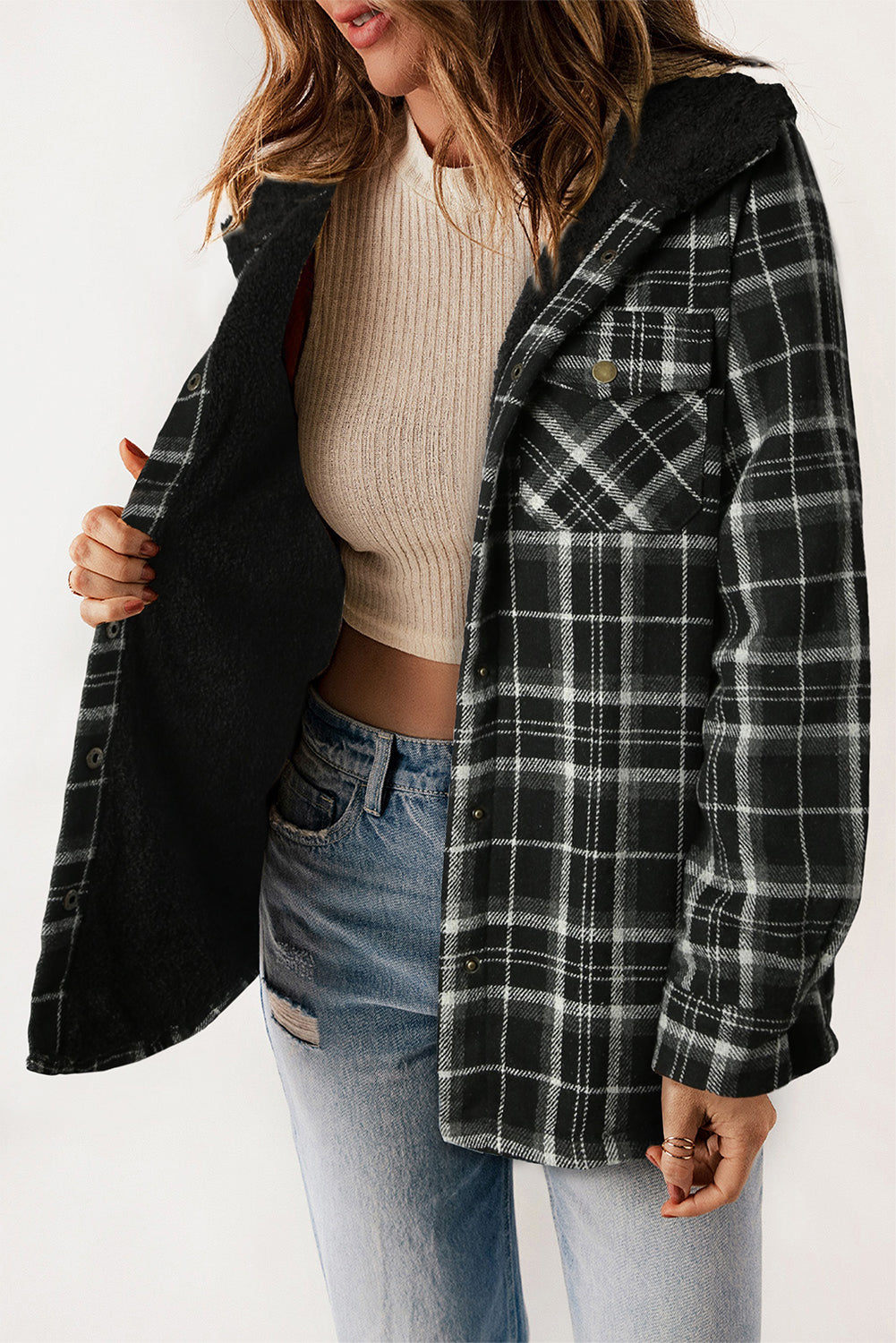 Black Plaid Pattern Sherpa Lined Hooded Shacket