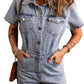 Light Blue Vintage Washed Buttons Pocketed Denim Romper