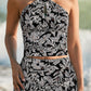 Black Abstract Printed Buckle Crossed Straps Skirted Tankini 2pcs Swimsuit