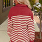 Red Stripe Buttoned V Neck Collared Drop Shoulder Top