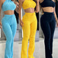 2 Piece Waffle Knit Halter Backless Crop Top High Waisted Drawstring Wide Leg Casual Pants Set