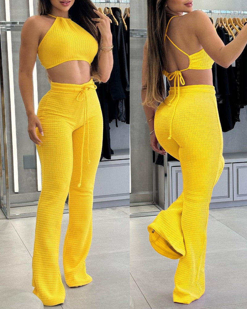 2 Piece Waffle Knit Halter Backless Crop Top High Waisted Drawstring Wide Leg Casual Pants Set