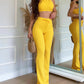 2 Piece Waffle Knit Halter Backless Crop Top High Waisted Drawstring Wide Leg Casual Pants Set