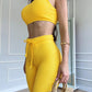 2 Piece Waffle Knit Halter Backless Crop Top High Waisted Drawstring Wide Leg Casual Pants Set