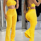 2 Piece Waffle Knit Halter Backless Crop Top High Waisted Drawstring Wide Leg Casual Pants Set