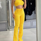 2 Piece Waffle Knit Halter Backless Crop Top High Waisted Drawstring Wide Leg Casual Pants Set