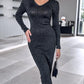 Glitter V Neck Long Sleeve Mid Calf Knit Bodycon Dress