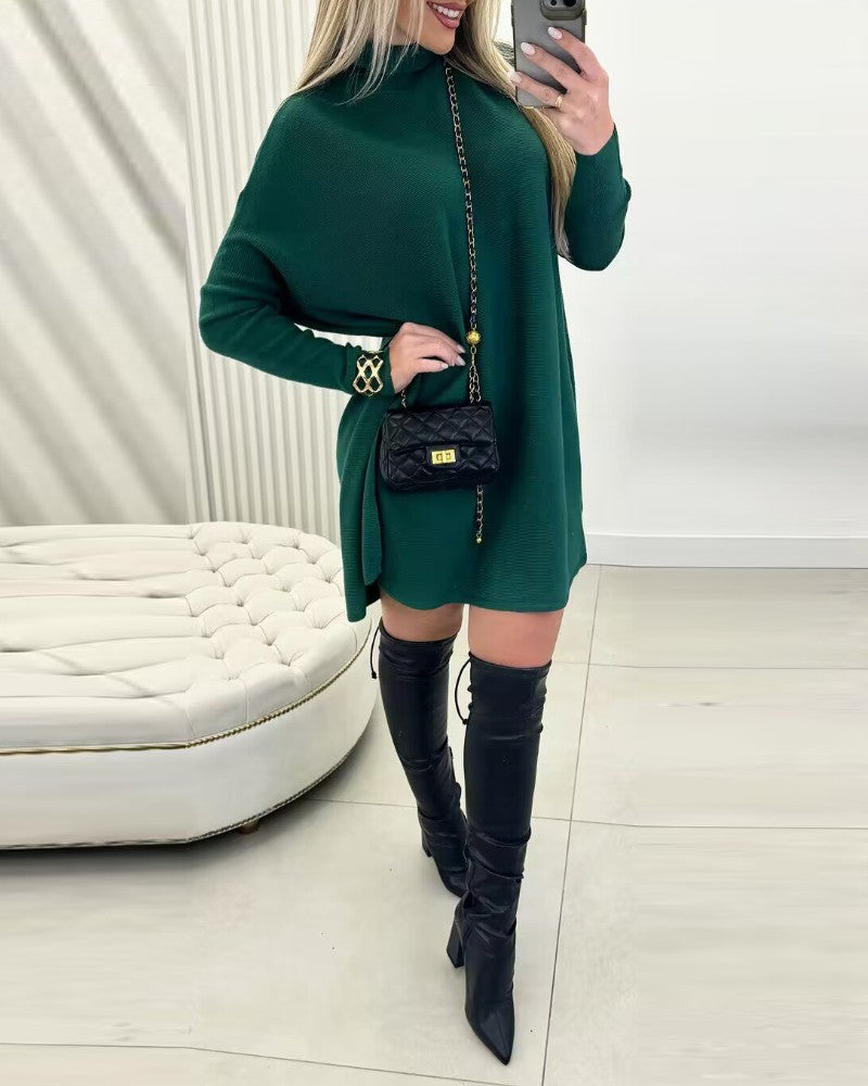 High Neck Batwing Sleeve Sweater Dress Knitted Casual Dress