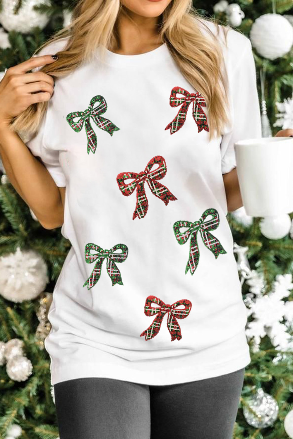 White Christmas Bowknot Graphic Cotton Blend T Shirt