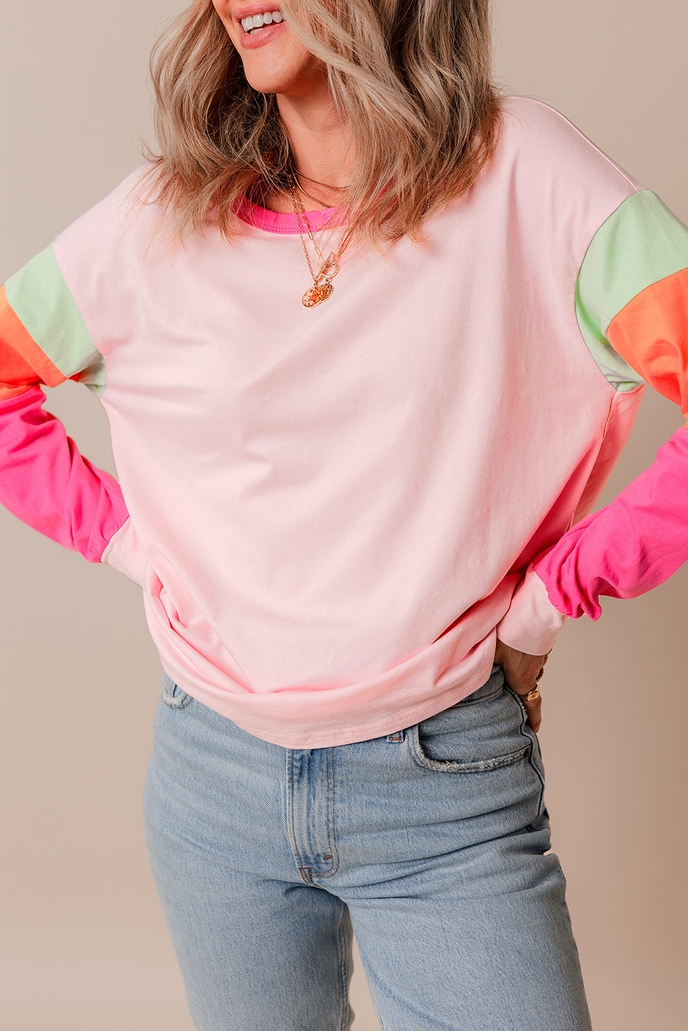 Pink Colorblock Patchwork Long Sleeve Loose Top